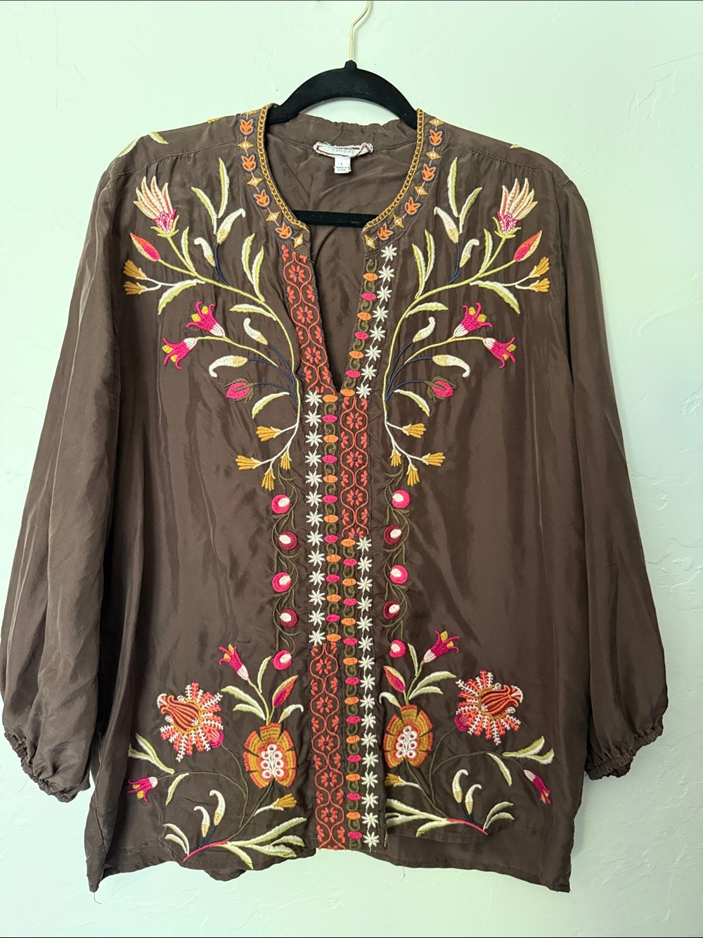 Johnny Was Brown Embroidered V-Neck silk Tunic with Pink & Yellow Floral Accents